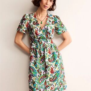 Boden Eve Linen Multicolor Paisley V-Neck Mini Dress US14L